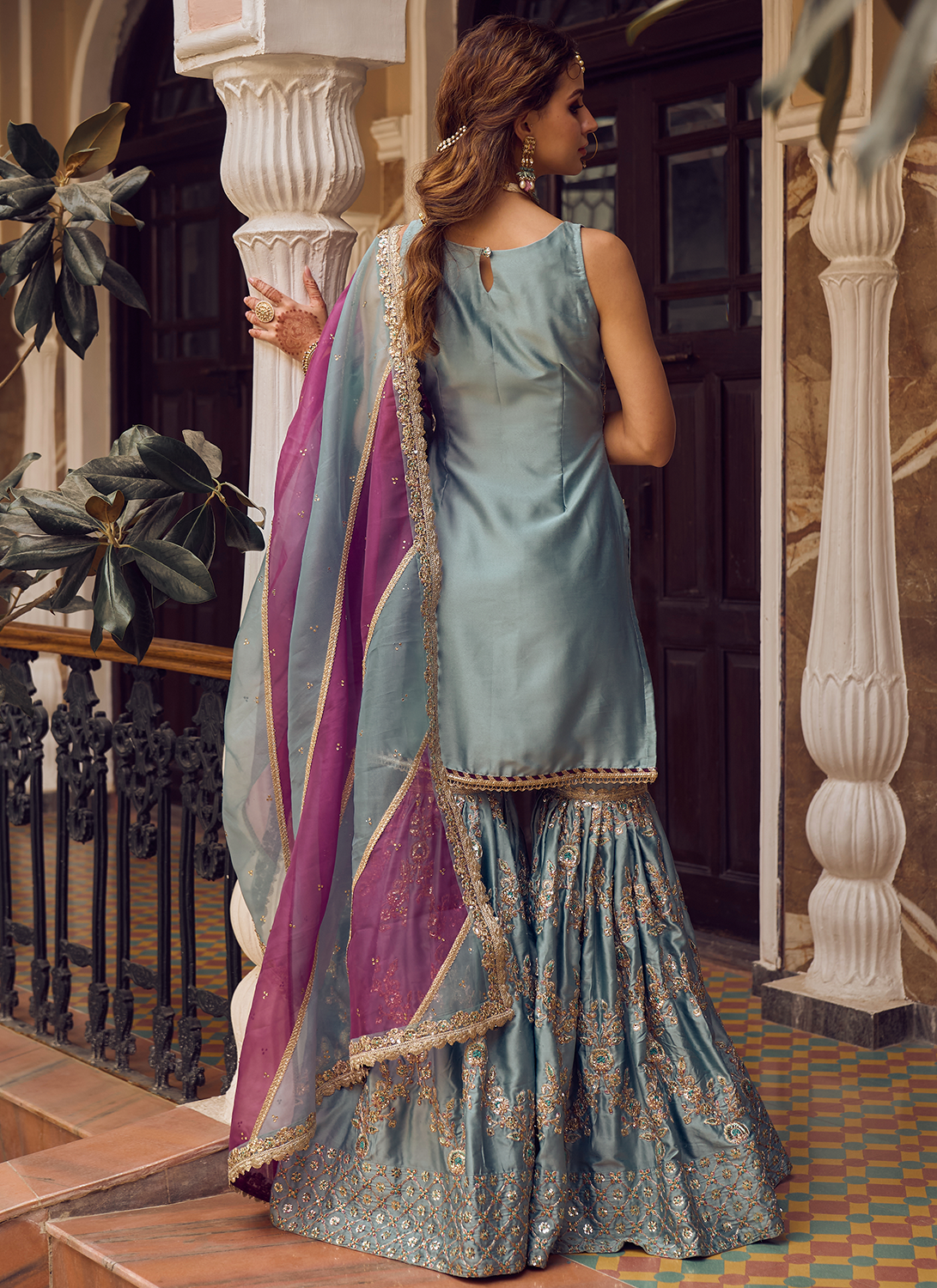 Light Blue Embroidered Gharara Suit