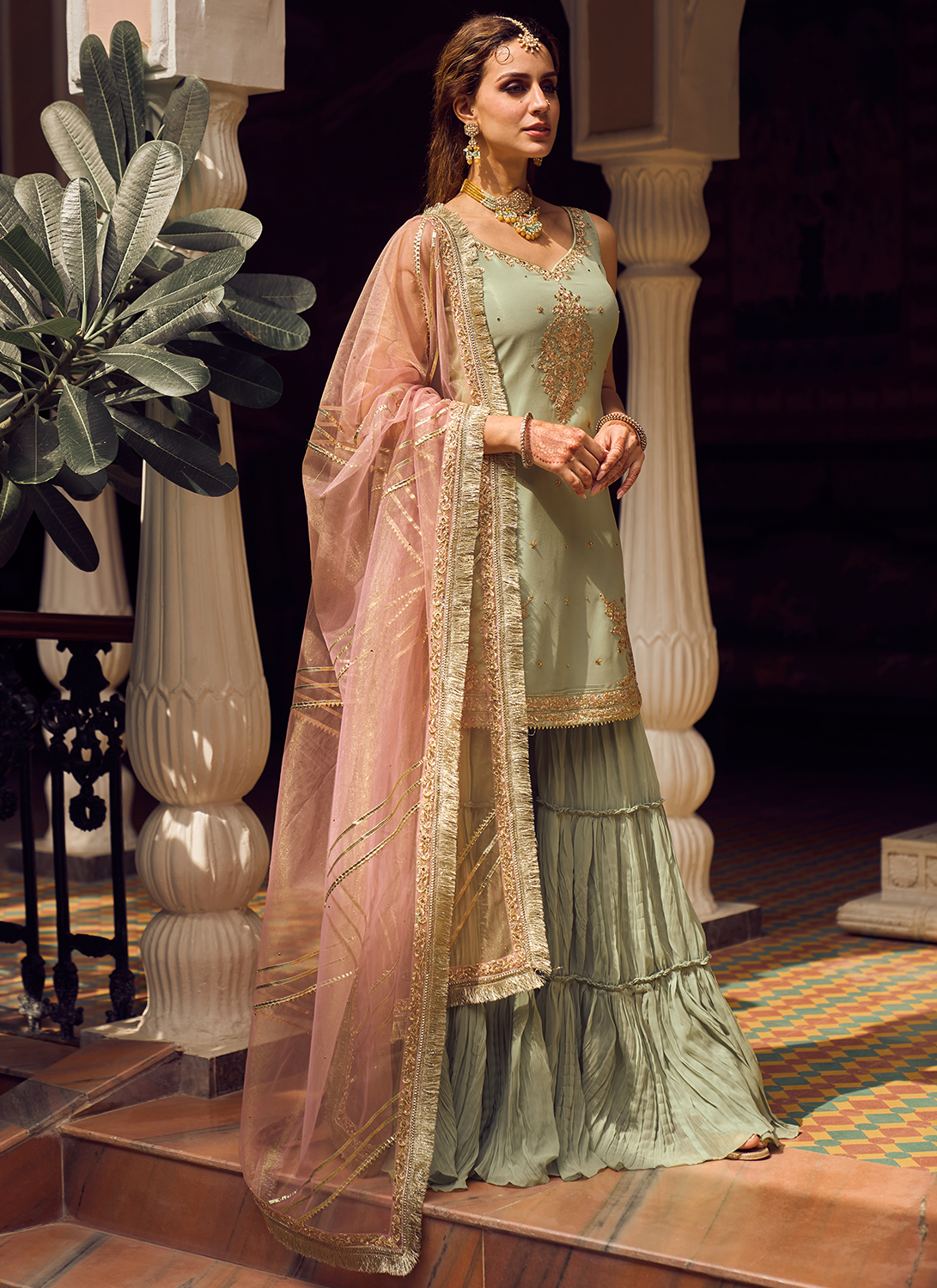 Light Green Embroidered Sharara Suit Lashkaraa