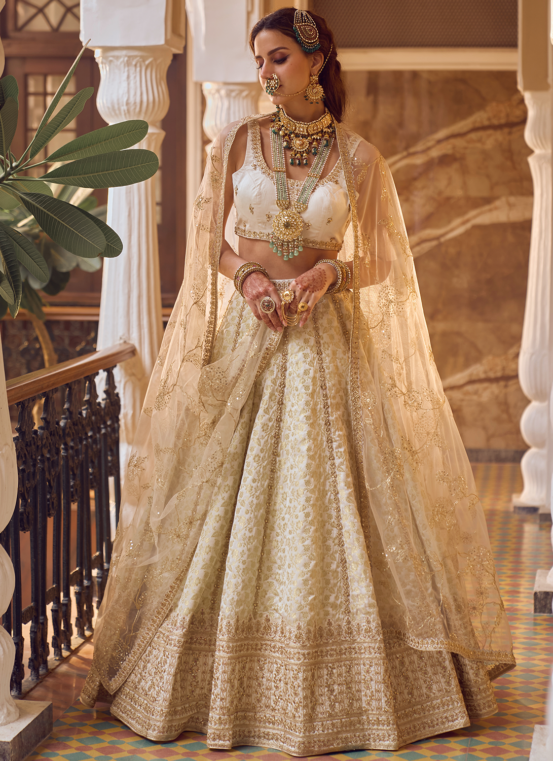 Off White Embroidered Brocade Lehenga