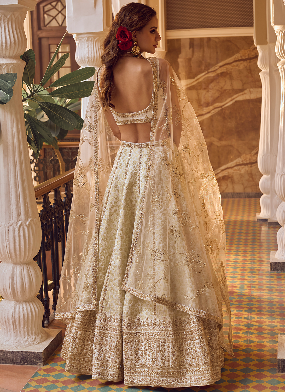 Off White Embroidered Brocade Lehenga