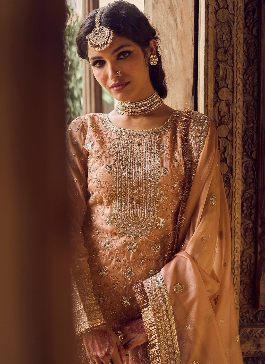 Dusty Peach Embroidered Straight Suit