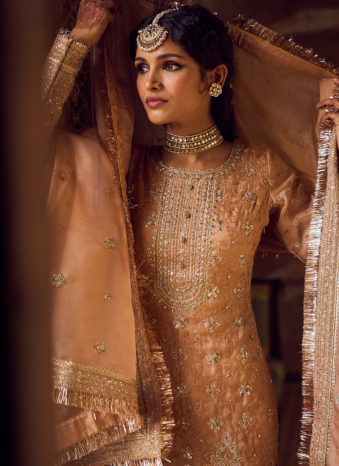 Dusty Peach Embroidered Straight Suit