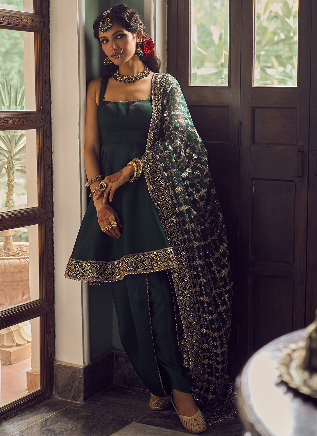 Dark Green Dhoti Style Punjabi Suit