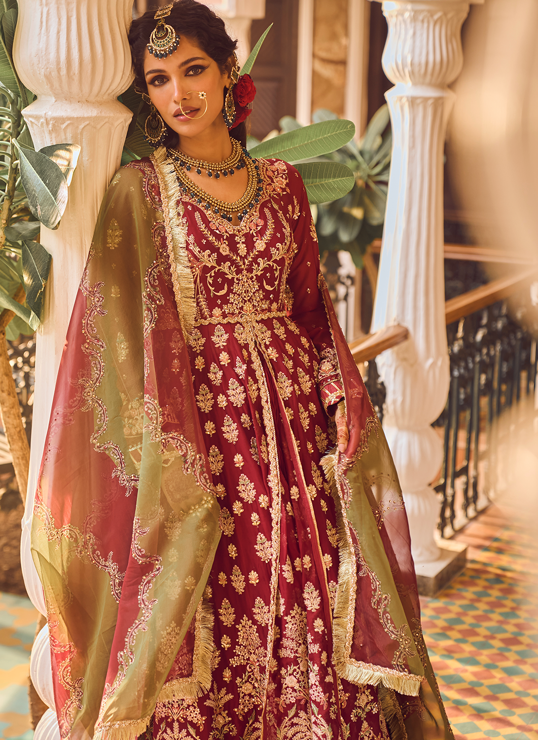 Maroon Embroidered Anarkali Style Lehenga