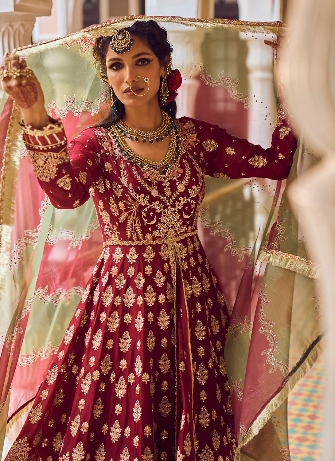 Maroon Embroidered Anarkali Style Lehenga