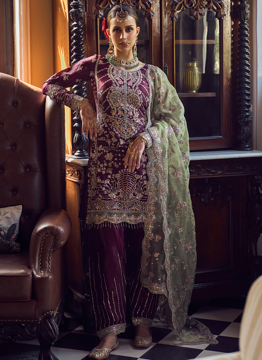 Wine and Green Embroidered Straight Suit
