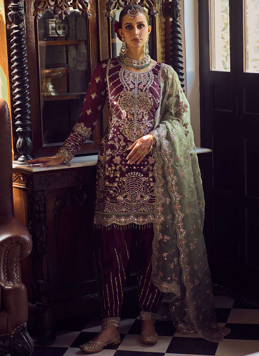 Wine and Green Embroidered Straight Suit