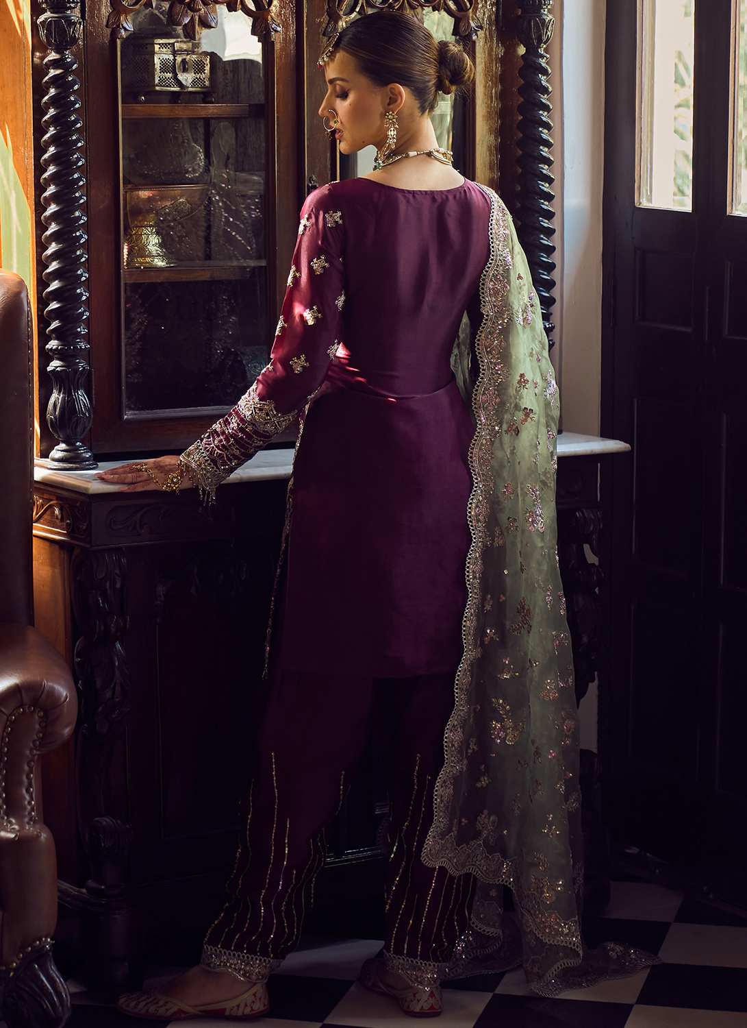Wine and Green Embroidered Straight Suit