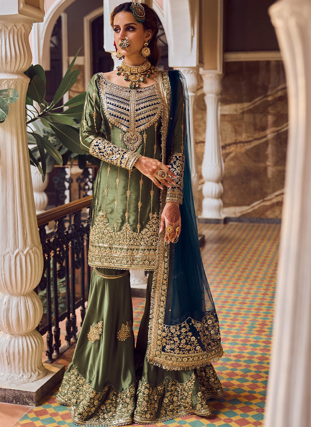 Olive Green and Blue Embroidered Gharara Suit