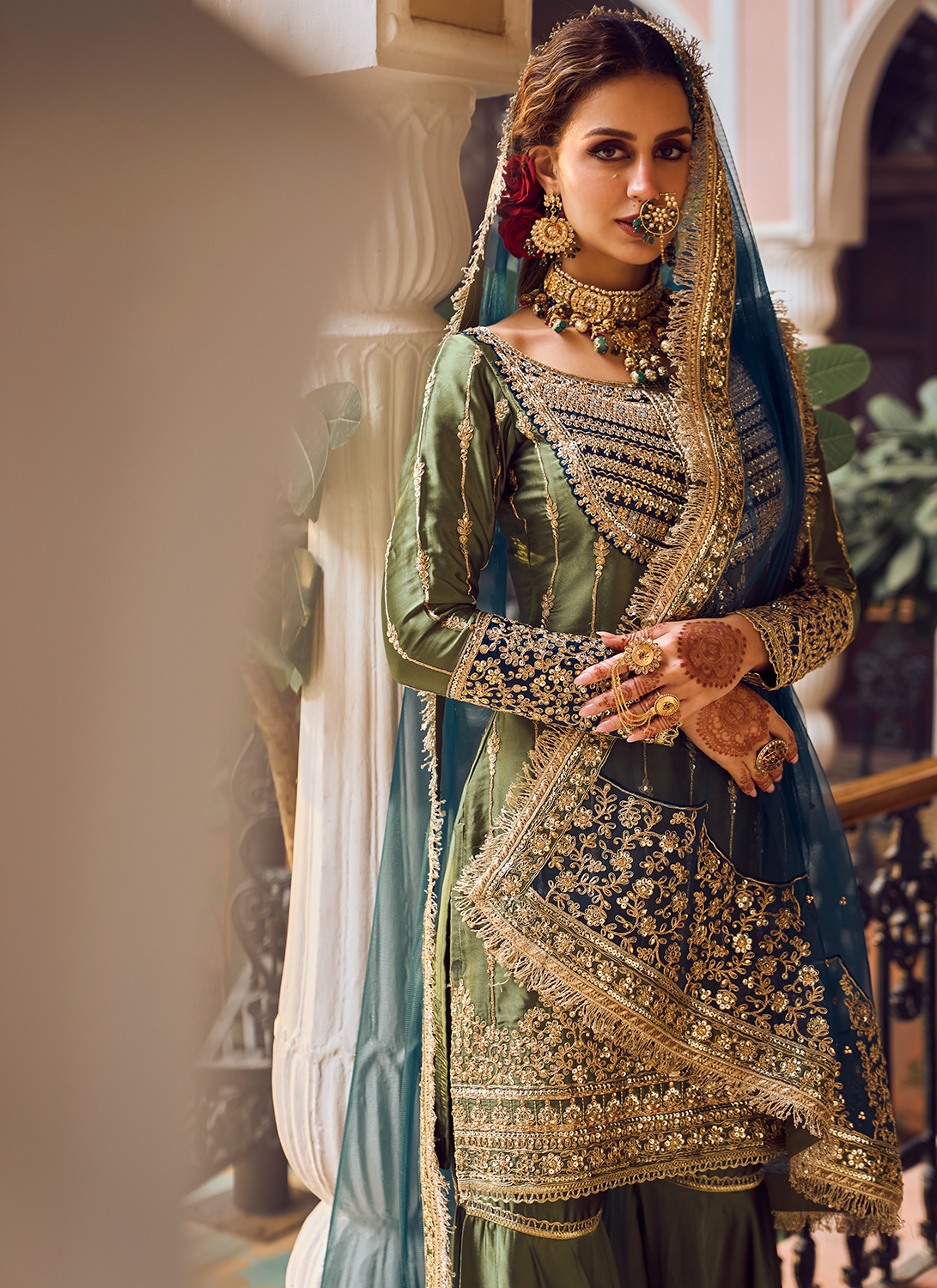 Olive Green and Blue Embroidered Gharara Suit