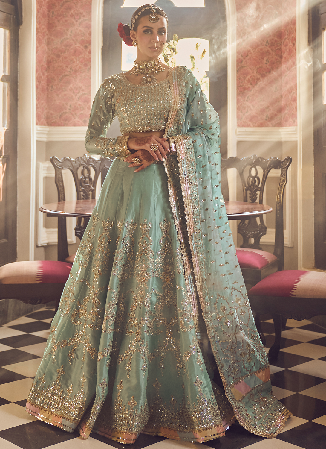 Dusty Mint Embroidered Lehenga