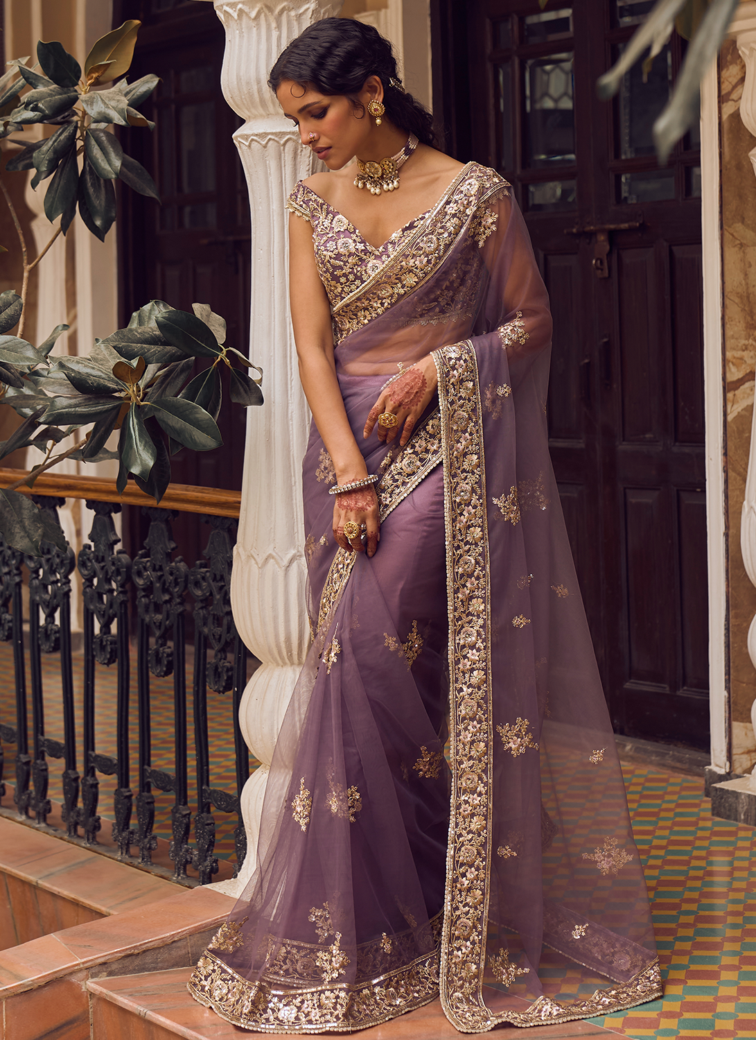 Dusty Purple Embroidered Saree