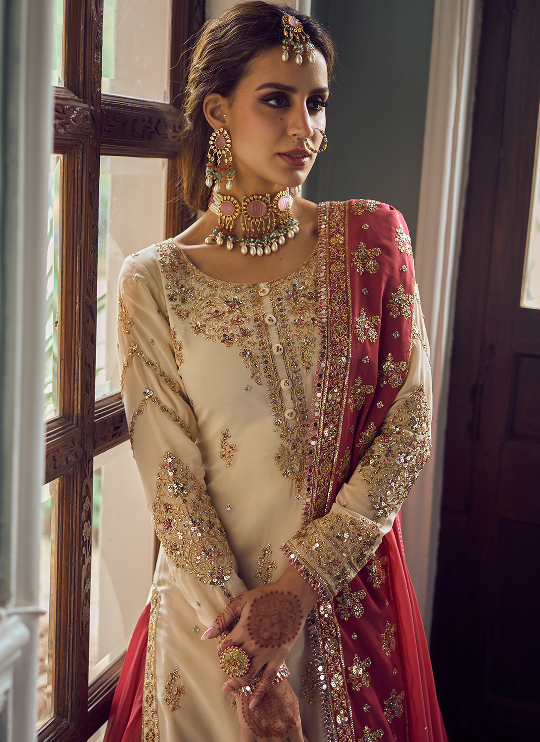 Cream and Red Embroidered Kurti Style Lehenga