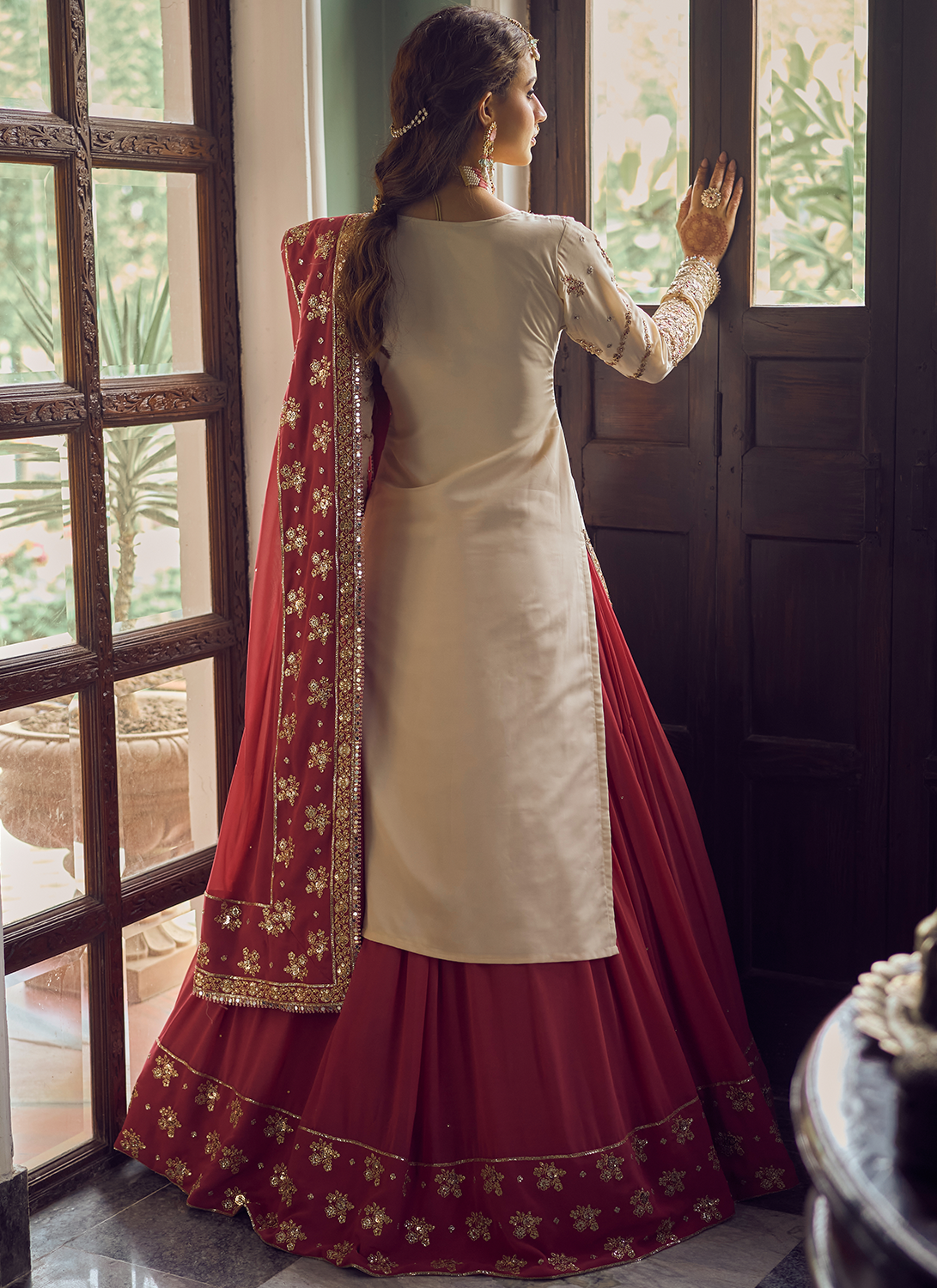 Cream and Red Embroidered Kurti Style Lehenga