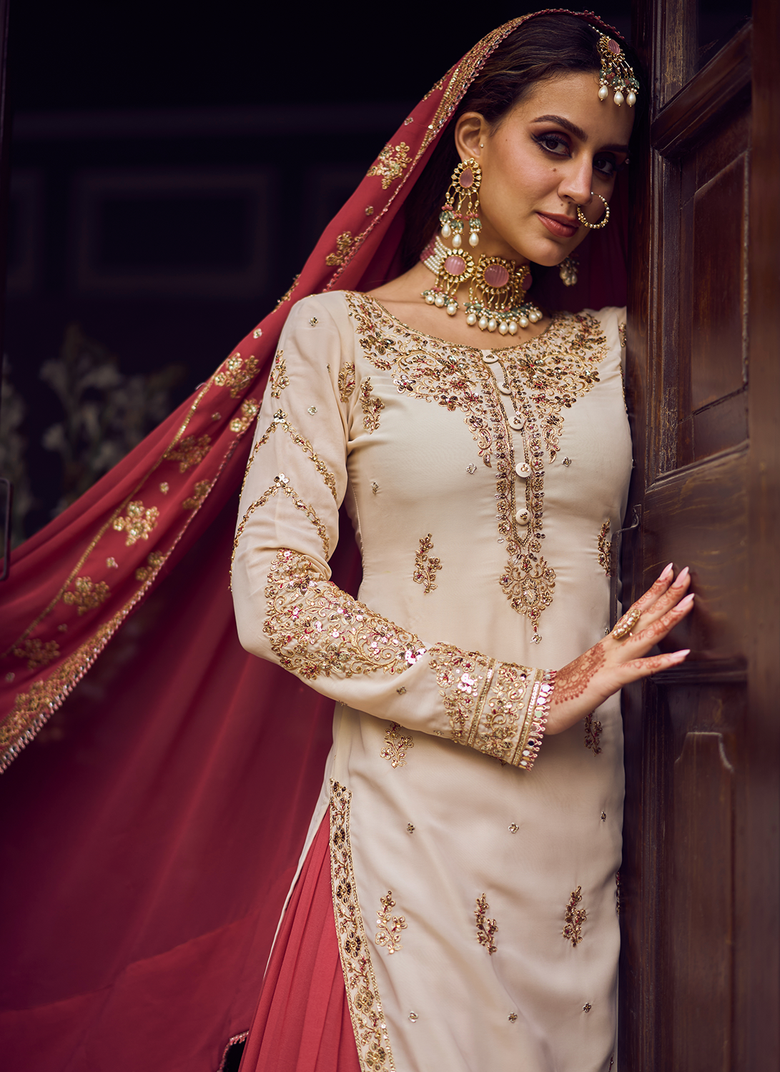 Cream and Red Embroidered Kurti Style Lehenga