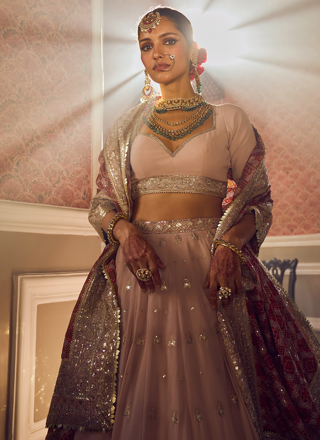 Dusty Pink and Red Embroidered Lehenga