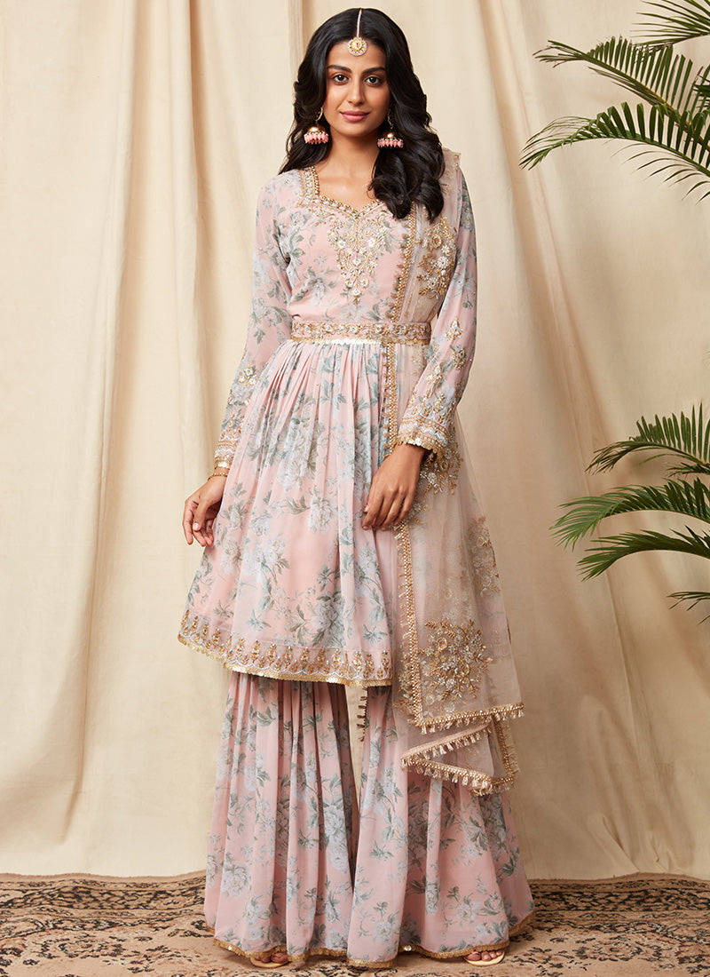 Dusty Peach Floral Georgette Gharara Suit