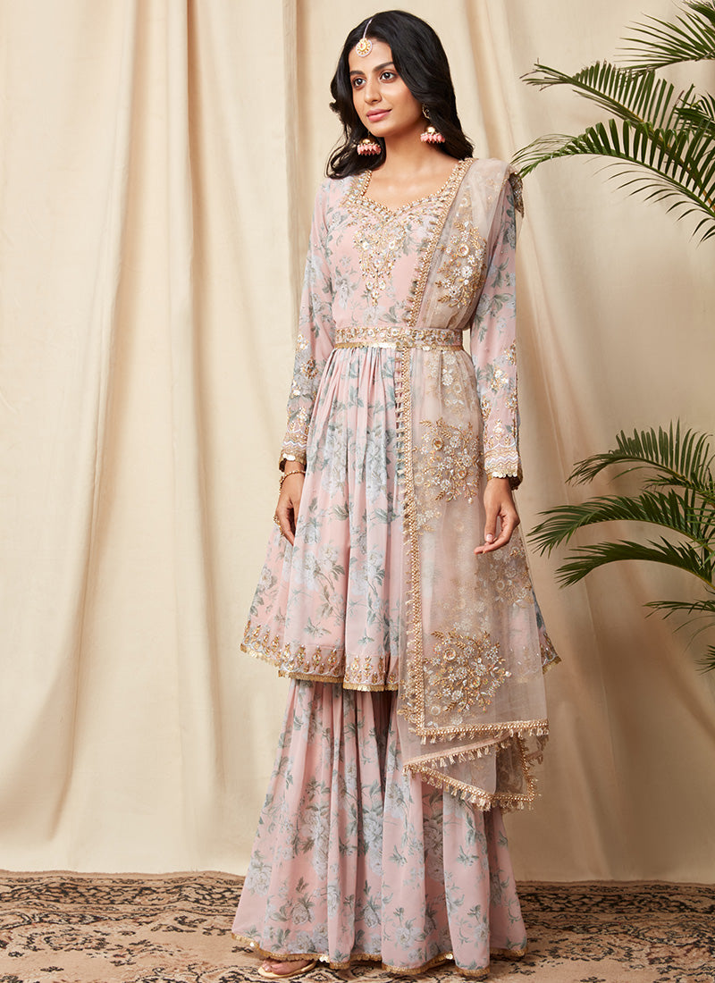 Dusty Peach Floral Georgette Gharara Suit