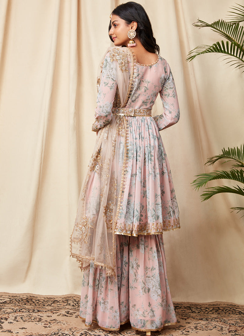 Dusty Peach Floral Georgette Gharara Suit