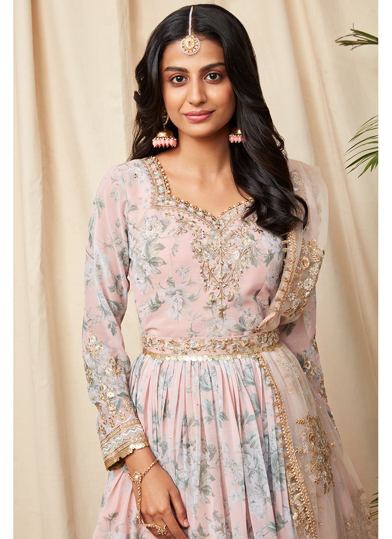 Dusty Peach Floral Georgette Gharara Suit