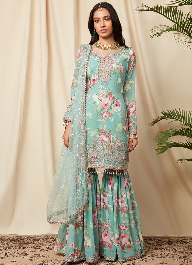 Mint Floral Sequins Embroidered Gharara Suit