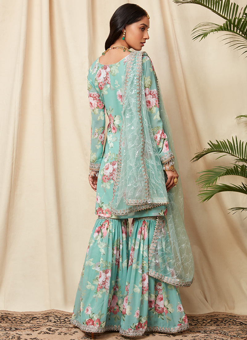 Mint Floral Sequins Embroidered Gharara Suit