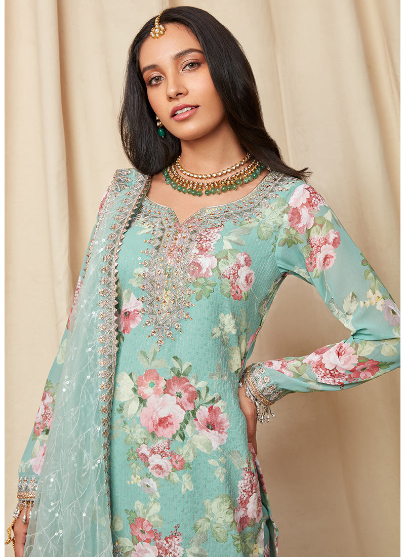 Mint Floral Sequins Embroidered Gharara Suit