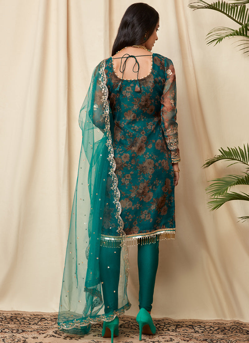 Teal Green Floral Organza Suit