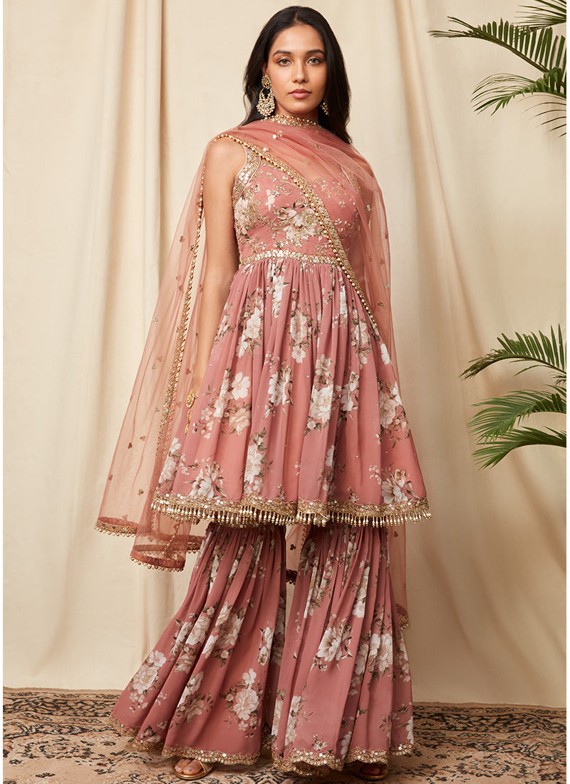 Dusty Rose Floral Georgette Gharara Suit