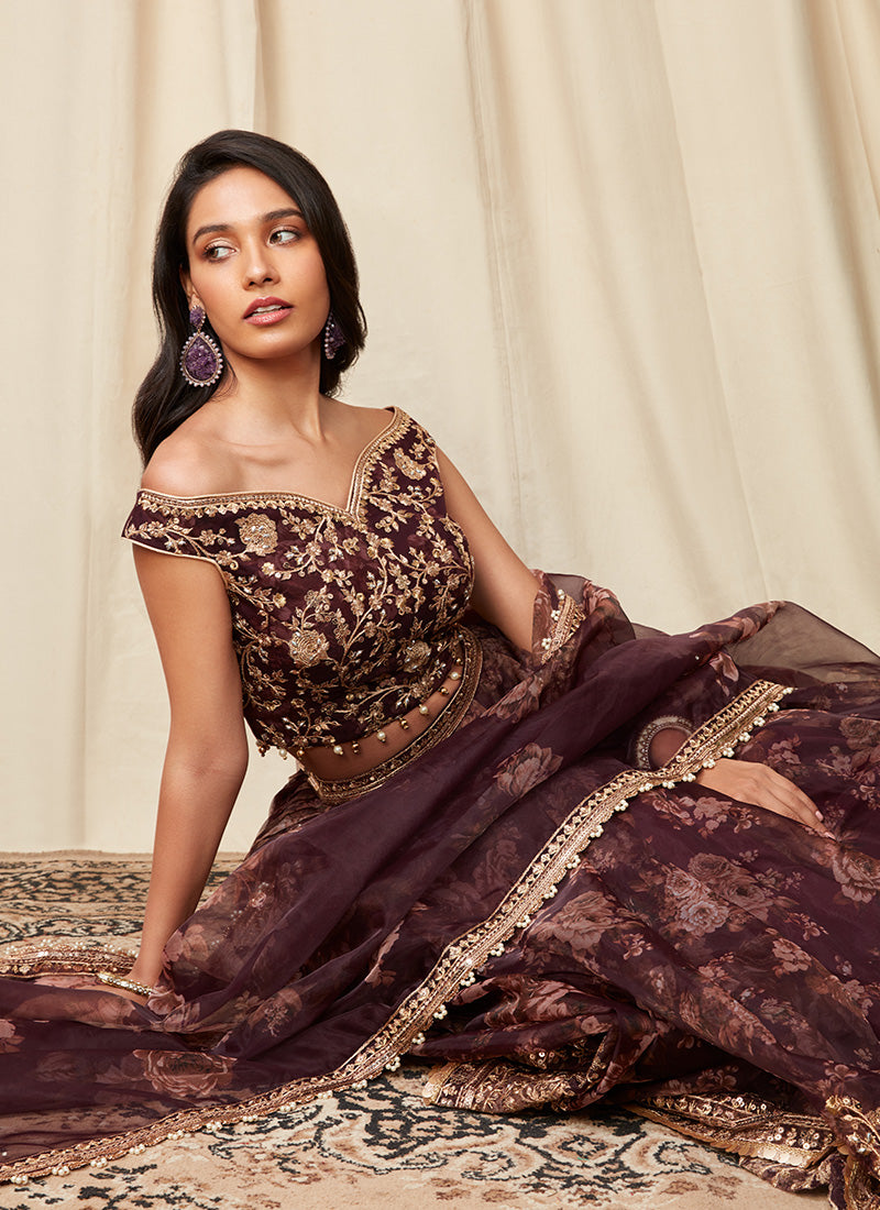 Deep Purple Floral Organza Lehenga