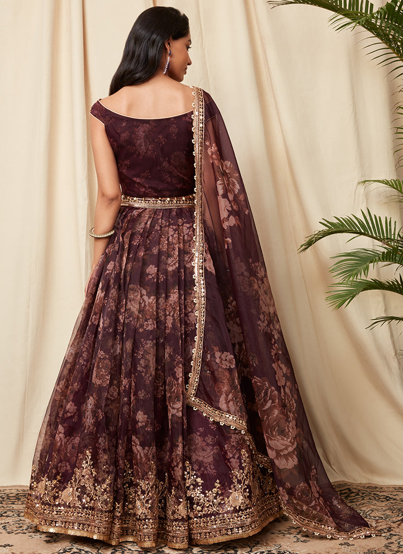 Deep Purple Floral Organza Lehenga