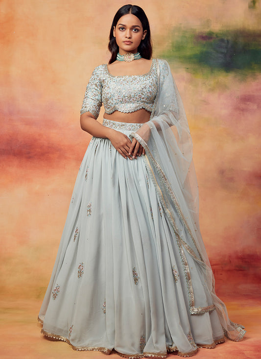 Dusty Blue Grey Embroidered Georgette Lehenga