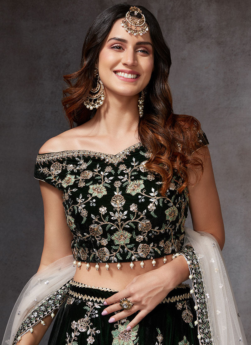 Green Heavy Embroidered Velvet Lehenga