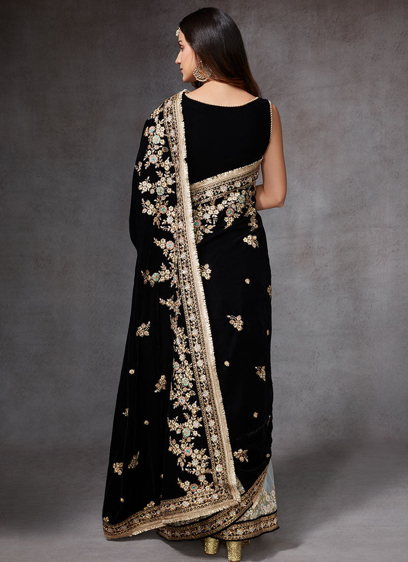 Black and Dusty Mint Velvet Saree