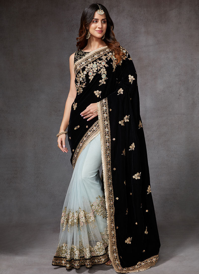 Black and Dusty Mint Velvet Saree