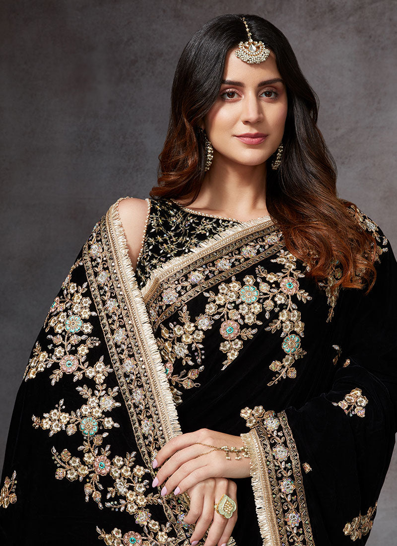 Black and Dusty Mint Velvet Saree