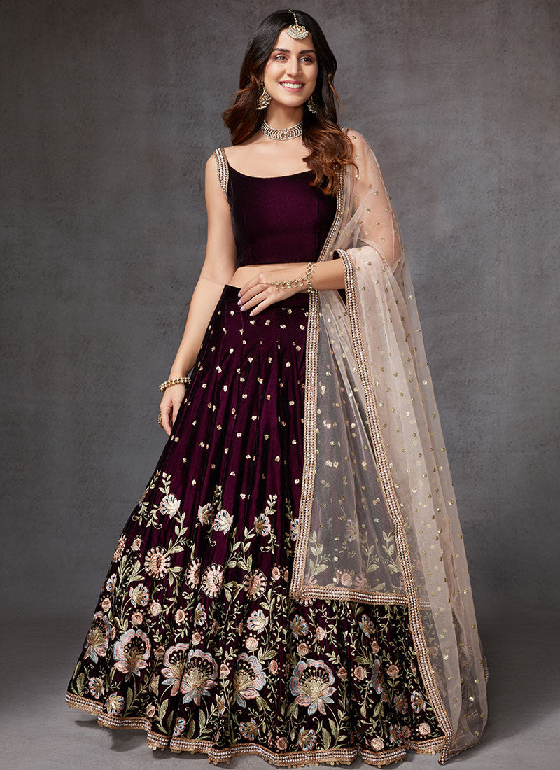 Wine and Light Pink Velvet Lehenga