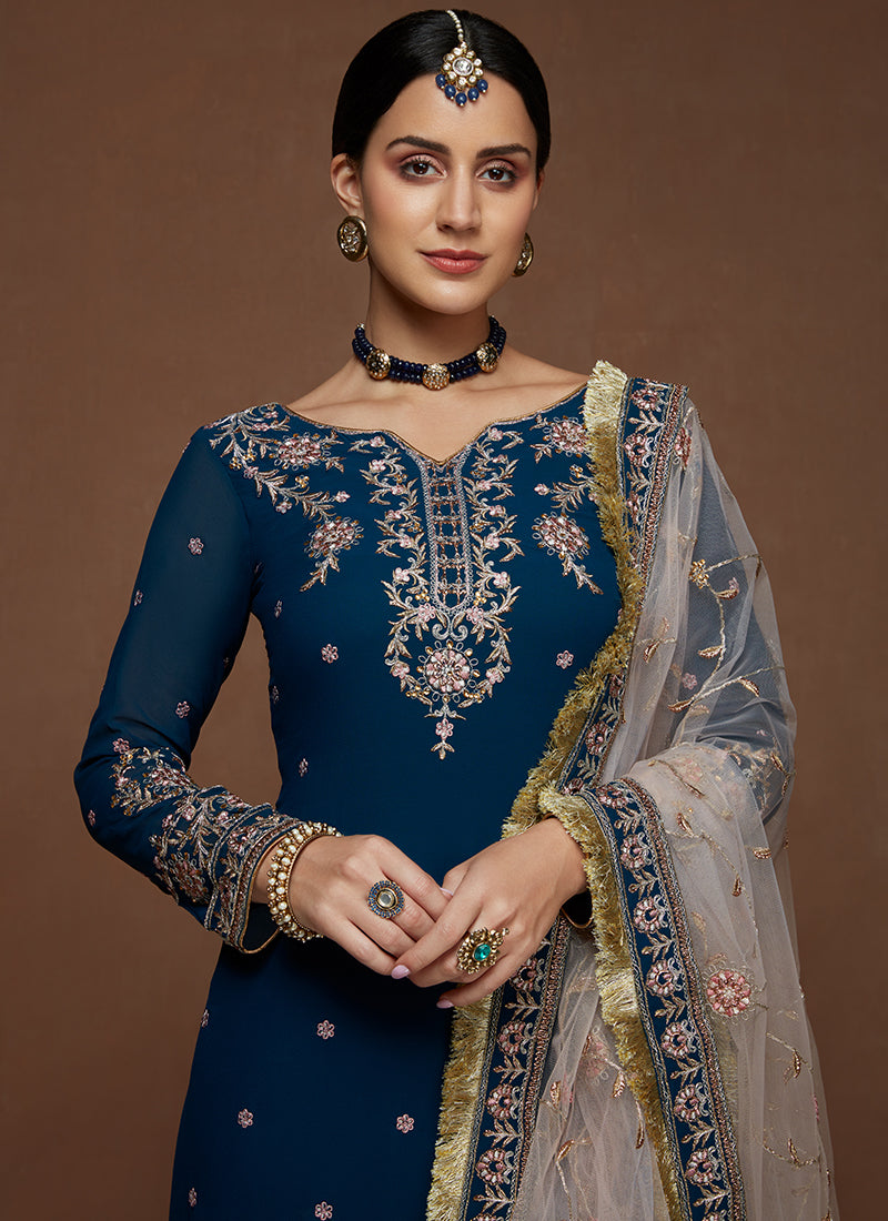 Blue and Light Pink Embroidered Straight Suit