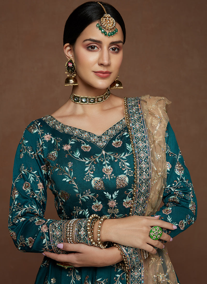 Teal Heavy Embroidered Silk Anarkali