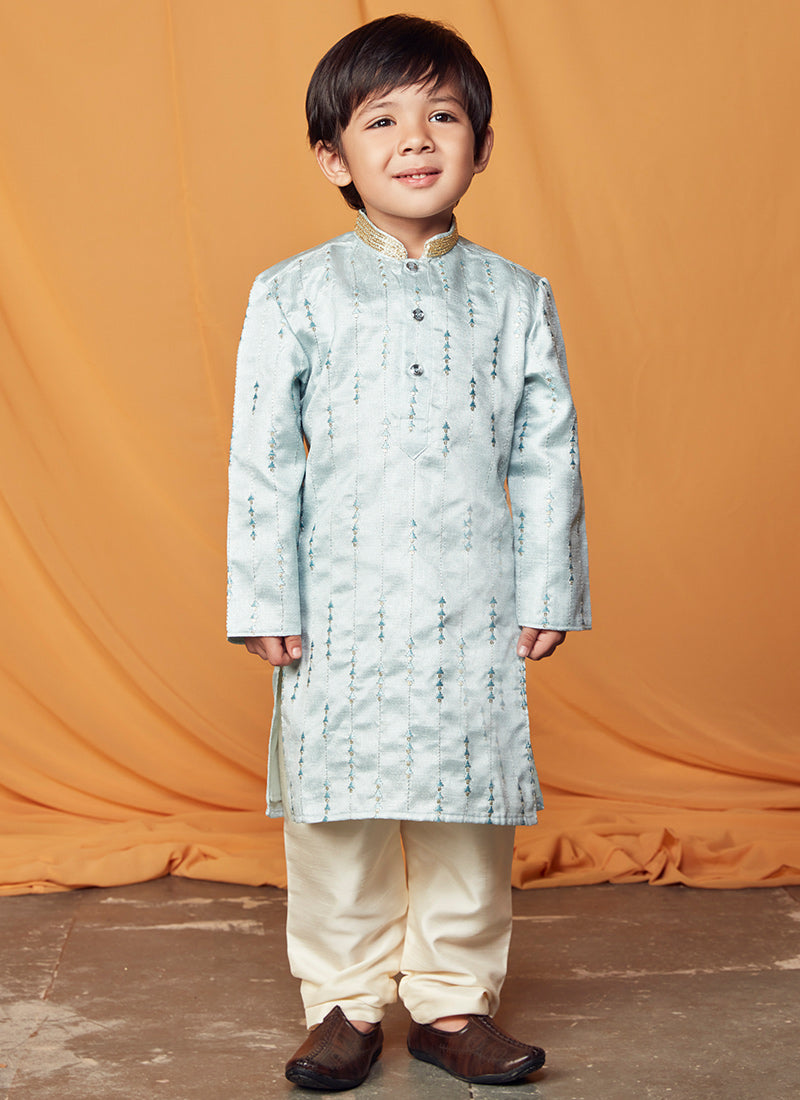 Kids Dusty Blue Silk Kurta Set
