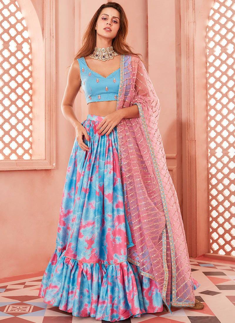 Turquoise and Hot Pink Tie Dye Lehenga