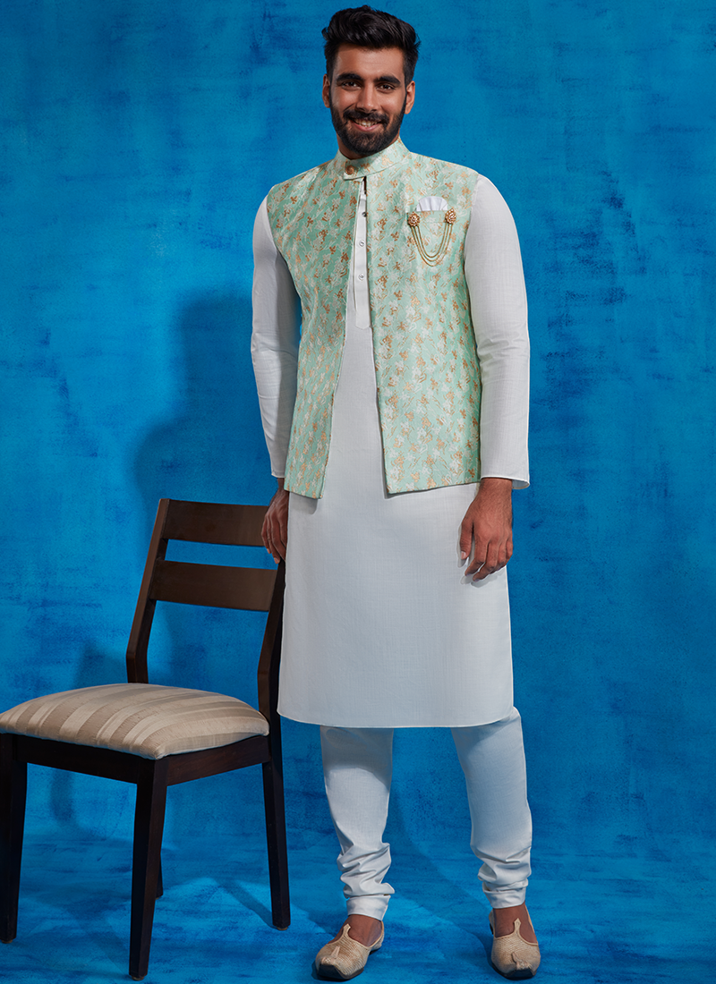 Mint Jacquard Nehru Jacket Set