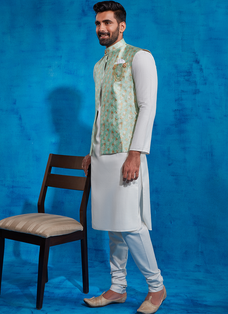 Mint Jacquard Nehru Jacket Set