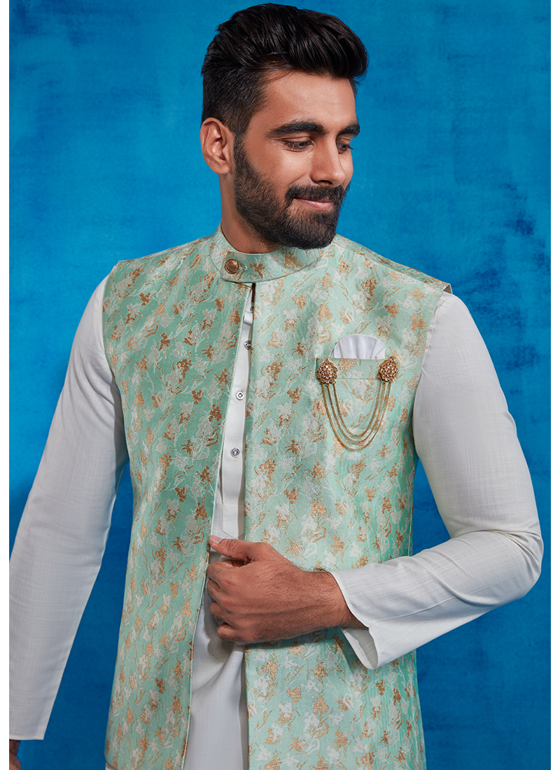 Mint Jacquard Nehru Jacket Set