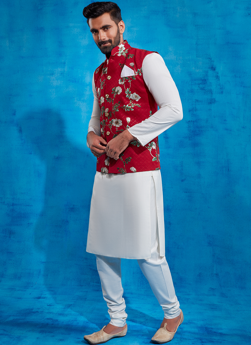 Maroon and Off White Nehru Jacket Set
