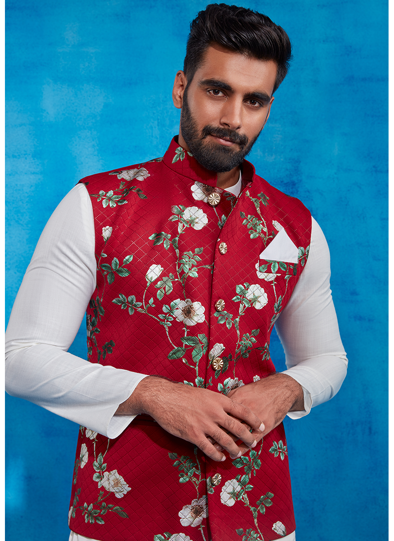 Maroon and Off White Nehru Jacket Set