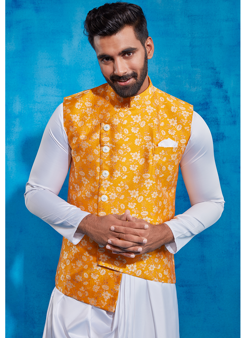 Yellow Printed Nehru Jacket and Drape Style Kurta Set
