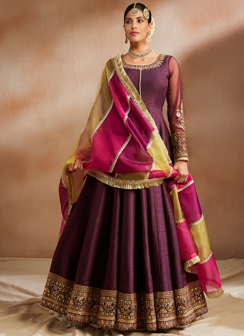 Dark Purple Embroidered Silk Anarkali