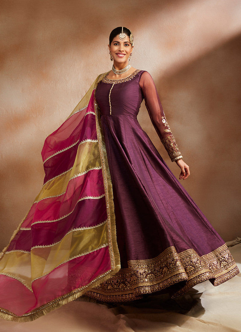 Dark Purple Embroidered Silk Anarkali