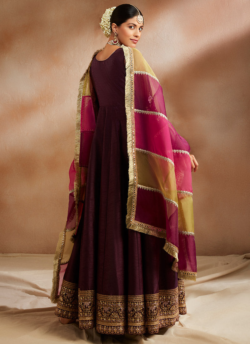 Dark Purple Embroidered Silk Anarkali